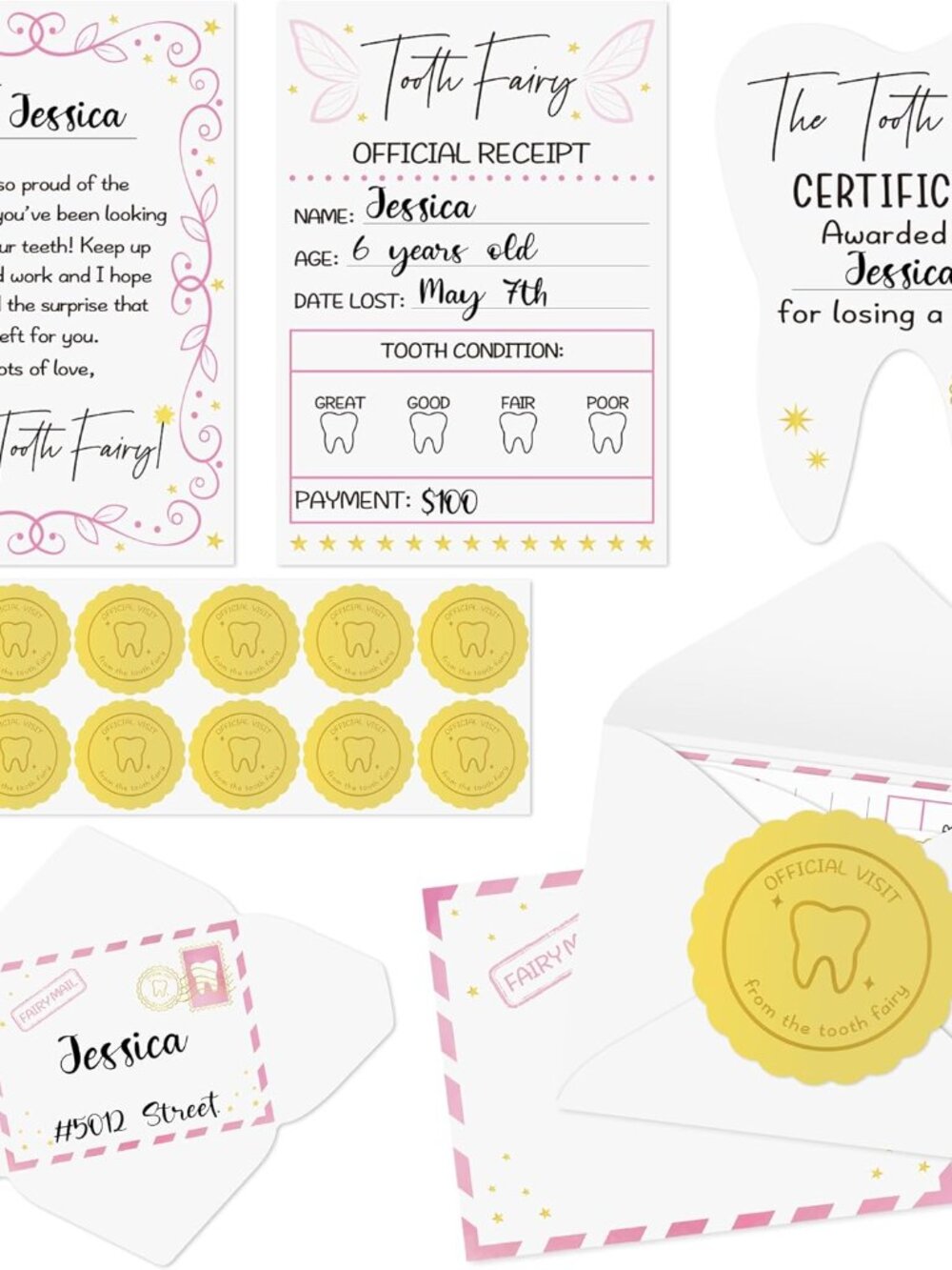 Mini Tooth Receipt Set - 20 Set Pink Tooth Cards with Envelope and Fairy Letter